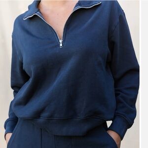 MATE the Label Womens Organic Cotton Quarter Zip Sweatshirt XS Midnight NWT New